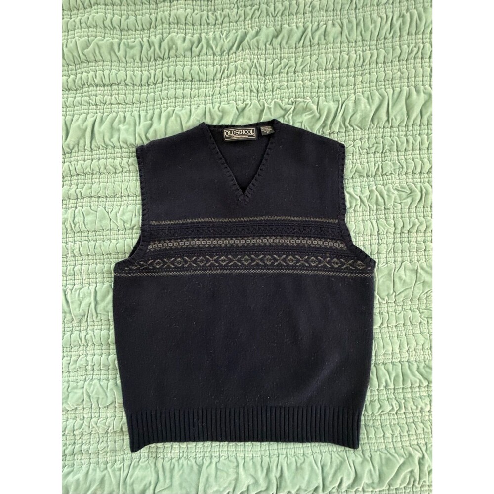 Old School Vintage Men's Navy V-Neck Knit Sweater Vest, 100% Lambs Wool-Med